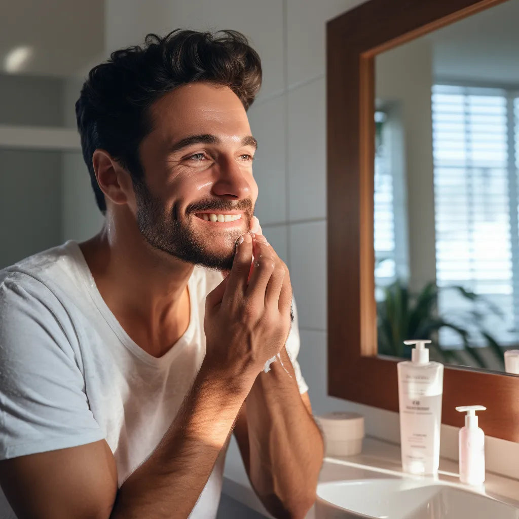 athletic man applying gel moisturizer to his face