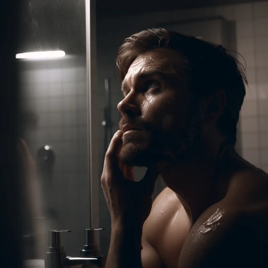 man using face wash in bathroom