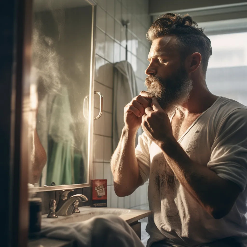 man shaving in the mirror, before or after the shower