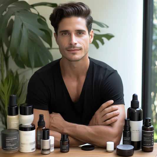 athletic man with skin care routine products