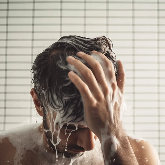 man washing hair with amino acid shampoo