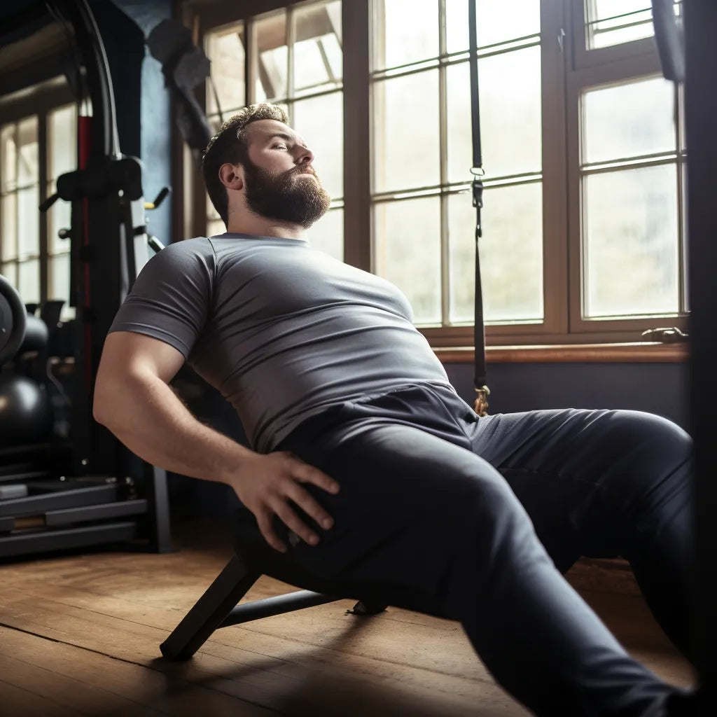 man with belly fat performing crunches exercise